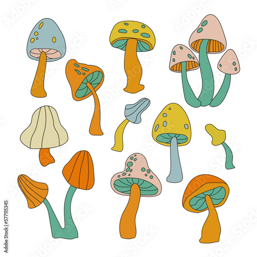 Collection with mushrooms in the Design style of the 70s. Cool trendy retro hipster psychedelic elements. Trend vector illustration.