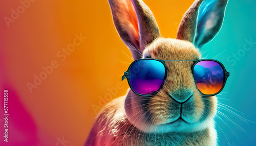 A vibrantly colored portrait of a bunny with a playful expression, wearing oversized sunglasses reflecting a rainbow, against a gradient orange and teal background.Happy Easter card. AI generated.