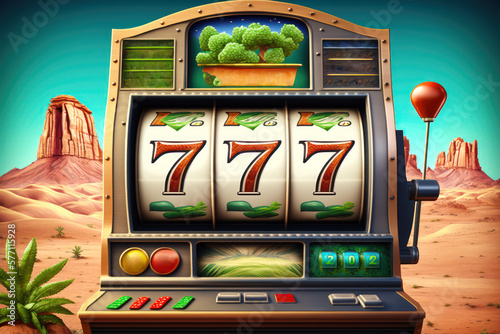 Casino slot machine with a lever and winning a natural desert background. Bonus coins for symbols 777 in the gambling game. AI Generative Content photo