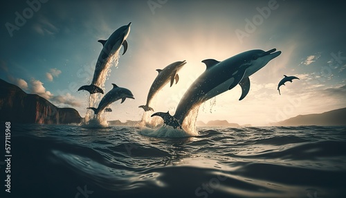 Dolphins jumping in the water, generative AI © kayode