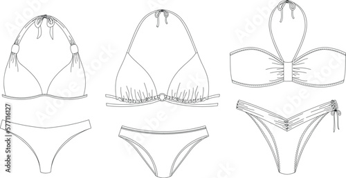 "Woman sustainable swimwear, technical drawing, template, sketch, flat, mock up. Recycled PA, Recycled PES, Lycra fabric swimwear front view, white color"