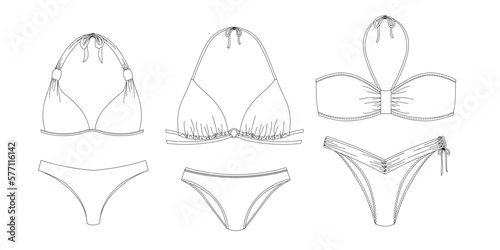 "Woman sustainable swimwear, technical drawing, template, sketch, flat, mock up. Recycled PA, Recycled PES, Lycra fabric swimwear front view, white color"