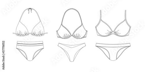 "Woman sustainable swimwear, technical drawing, template, sketch, flat, mock up. Recycled PA, Recycled PES, Lycra fabric swimwear front view, white color"