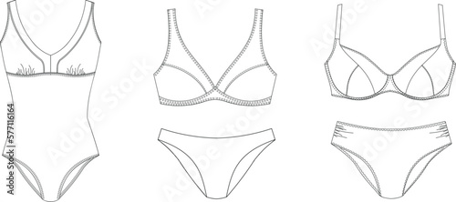 "Woman sustainable swimwear, technical drawing, template, sketch, flat, mock up. Recycled PA, Recycled PES, Lycra fabric swimwear front view, white color"