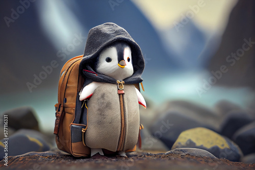 Cute little penguin with a backpack. AI generated