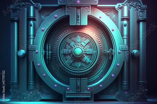 High security vault door background. Security tresure bunker concept art. Digital illustration of futuristic vault door.