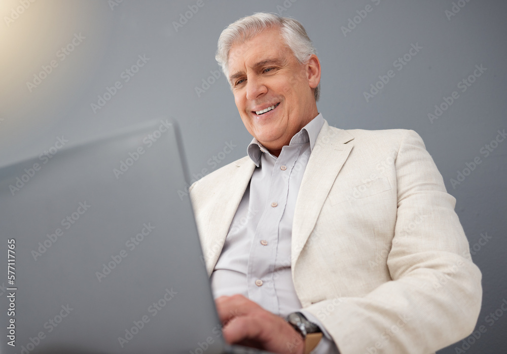 Senior business man, laptop and studio background for planning, online strategy and email website. Happy executive ceo working on computer technology, corporate management and professional smile Senior business man, laptop and studio background for planning, online strategy and email website. Happy executive ceo working on computer technology, corporate management and professional smile