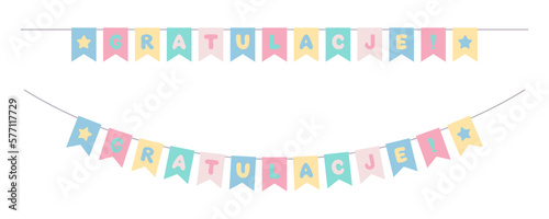 Bunting set. Congrats garland with inscription in Polish "Gratulacje" means "congratulation".  Bright colorful flags on rope. Isolated vector and PNG illustration on transparent background.