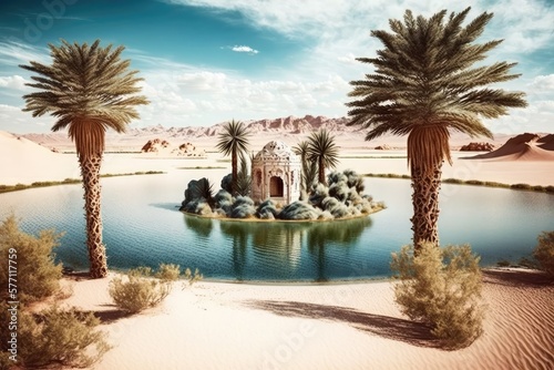 Place of refuge in the middle of the desert. An artificial lake dug into the desert floor. There are palm trees in the lake. Generative AI © AkuAku