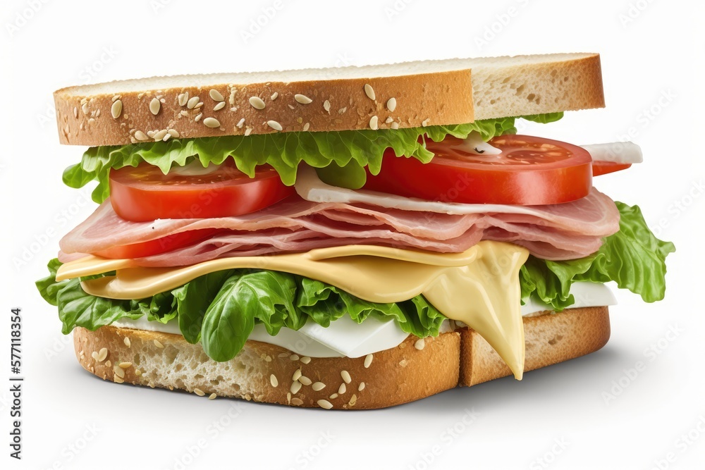 Appetizing sandwich with ham, cheese, lettuce and tomatoes on a white background. Isolated, close up.