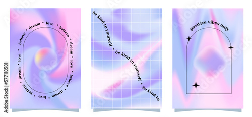 Trendy y2k blurred holographic style a4 posters set with linear geometric shapes and gradient background. Modern minimalist print with simple figures and graphic elements. vector banner template