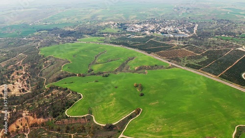 Bitronot Ruhama reserve, Israel, spring blossom at the Negev Desert, 4k aerial drone view photo