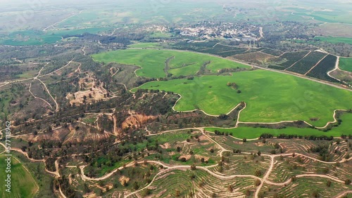 Bitronot Ruhama reserve, Israel, spring blossom at the Negev Desert, 4k aerial drone view photo