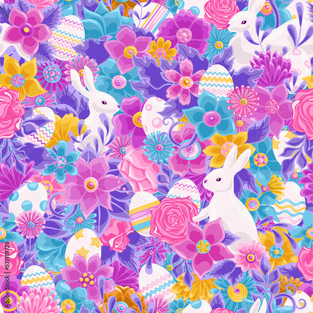 Easter eggs and rabbits, leaves and flowers, spring background.  Bright colored cartoon doodles hand drawn detailed, with lots of objects background.Seamless pattern. Pattern for fabric, wrapping