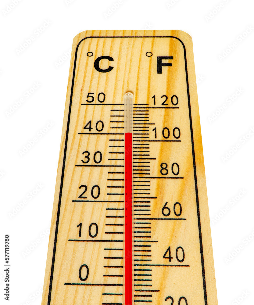 isolated thermometer shows temperature in summer heat - obrazy, fototapety, plakaty 