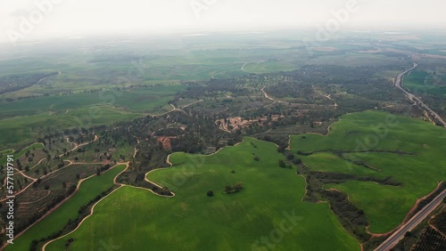 Bitronot Ruhama reserve, Israel, spring blossom at the Negev Desert, 4k aerial drone view photo