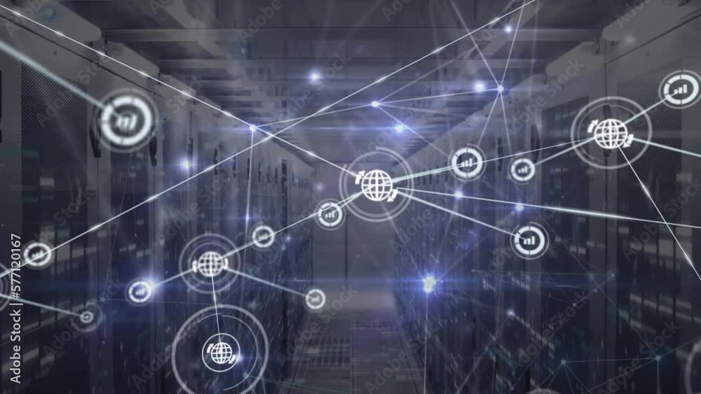 Animation of network of connections with icons over server room Animation of network of connections with icons over server room