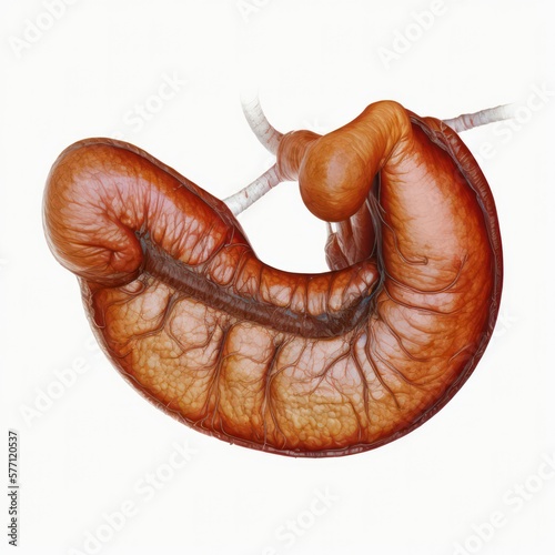 An image depicting the human pancreas, a glandular organ responsible for producing hormones and enzymes to aid digestion and glucose regulation. Ideal for use in educational or medical, generative ai photo