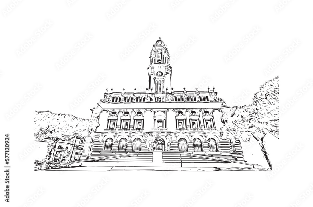 Obraz premium Building view with landmark of Porto Novo is the capital of Benin. Hand drawn sketch illustration in vector.