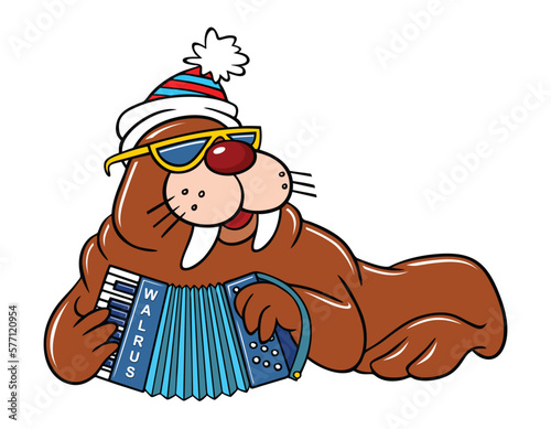 Vector color image of a cartoon Walrus isolated on white. Cartoon walrus in a winter hat plays the button accordion. Cartoon walrus musician.