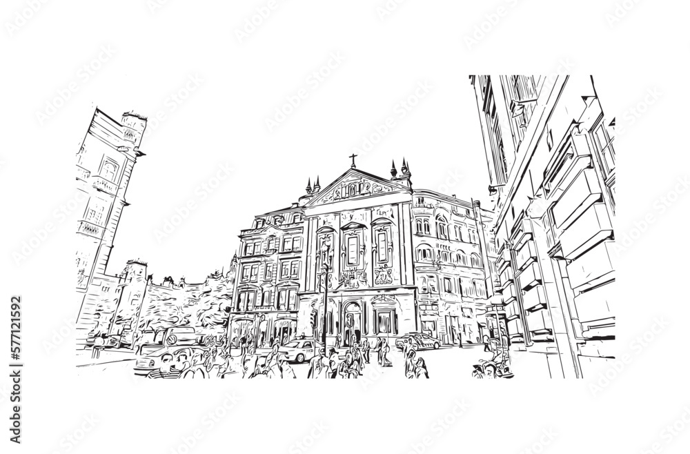 Building view with landmark of Porto Novo is the 
capital of Benin. Hand drawn sketch illustration in vector.
