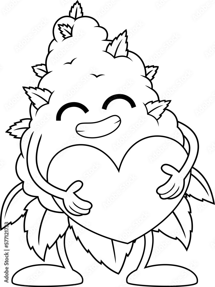 Fototapeta premium Outlined Happy Marijuana Bud Cartoon Character Holding A Heart. Vector Hand Drawn Illustration Isolated On Transparent Background