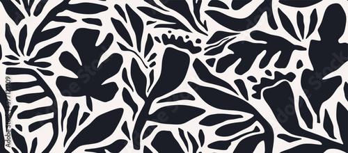 Hand drawn minimal abstract organic shapes seamless pattern, leaves and flowers.
