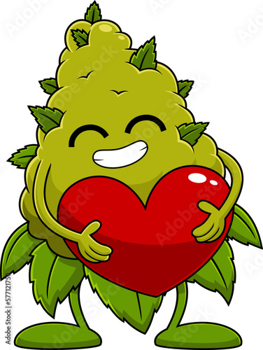 Happy Marijuana Bud Cartoon Character Holding A Red Heart. Vector Hand Drawn Illustration Isolated On Transparent Background