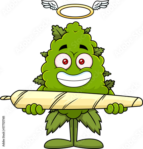 Smiling Marijuana Bud Cartoon Character Holding A Big Joint. Vector Hand Drawn Illustration Isolated On Transparent Background