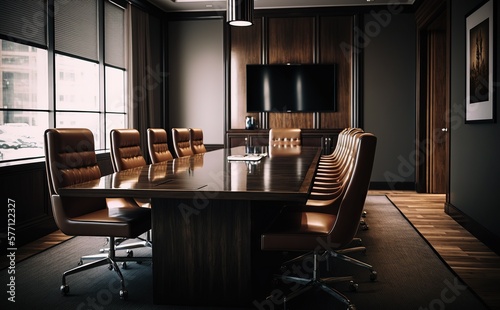 Sleek business conference room with a large polished table made with Generative AI
