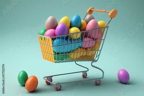 Eggs pile in shopping cart, trolley. High quality photo on the light green background Generative AI