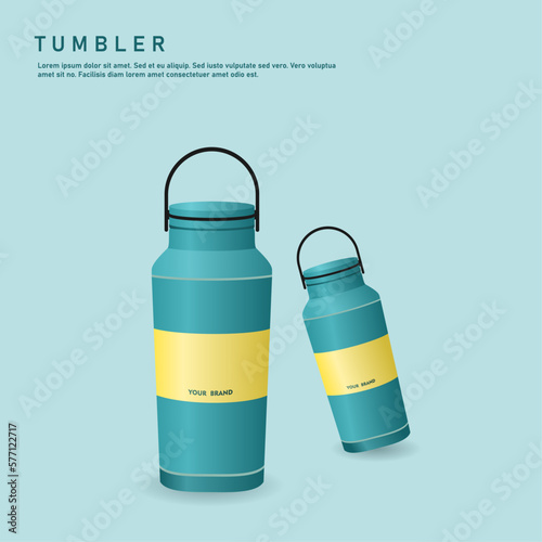 Tumbler mockup aluminum Bottle with green yellow color, realistic vector mockup water bottle