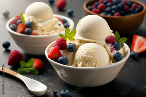 bowls with ice cream scoops and berries. generative AI