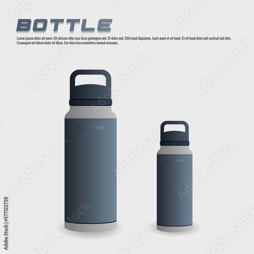 Tumbler mockup aluminum Bottle with blue black grey colors, realistic vector mockup water bottle