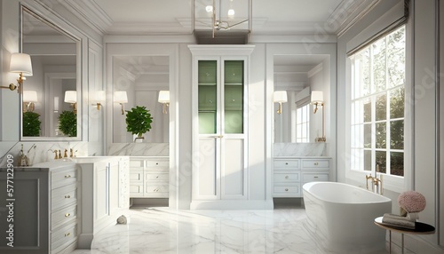 A luxurious bathroom with a freestanding tub  marble accents  and ample storage space.. Generative AI