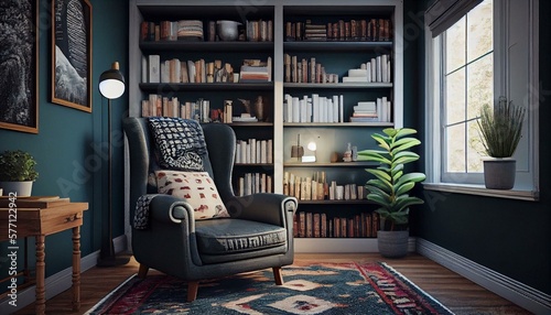 A cozy reading nook with built-in shelves, a comfortable chair, and a statement rug.. Generative AI