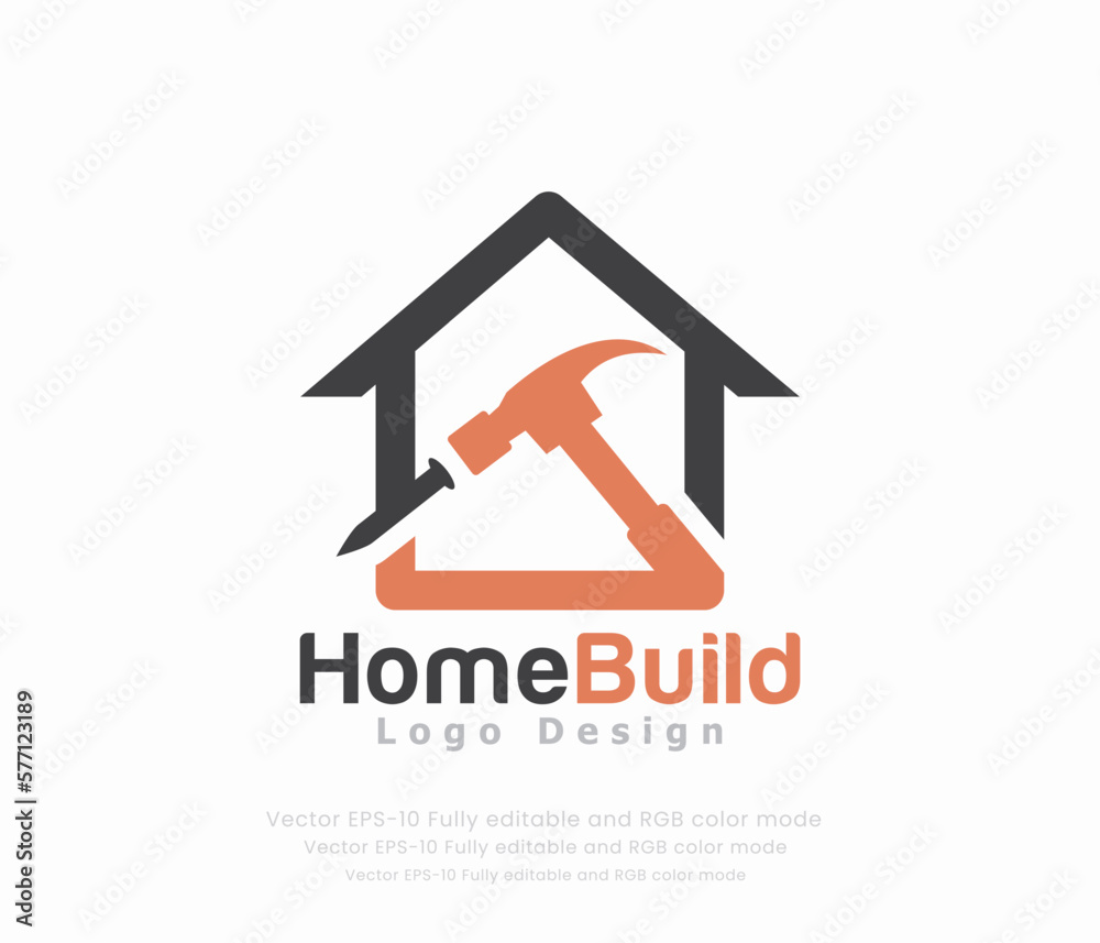Home build logo design with a hammer and a house.