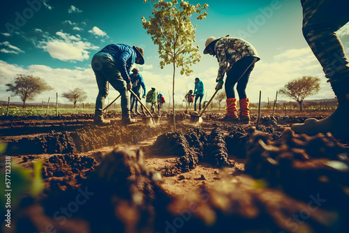 Rear view of tree planter man walks along future tree planting sites full of tropical rainforest, exotic seedlings reforestation. People working in forest for sustainable afforestation. Generative AI