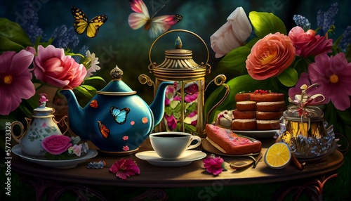 A garden tea party with flowers  butterflies  and teapots.. Generative AI