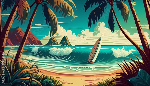 A tropical beach scene with palm trees, surfboards, and waves.. Generative AI