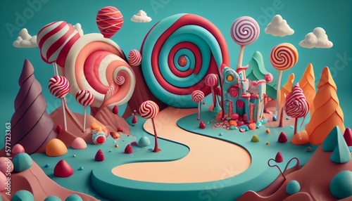 A sweet candy land with lollipops, gumdrops, and candy canes.. Generative AI