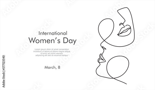 International Women's Day holiday illustration. Woman face  in one continuous line drawing. Female portrait in linear style.Can used for logo, emblem, slide show and banner. 