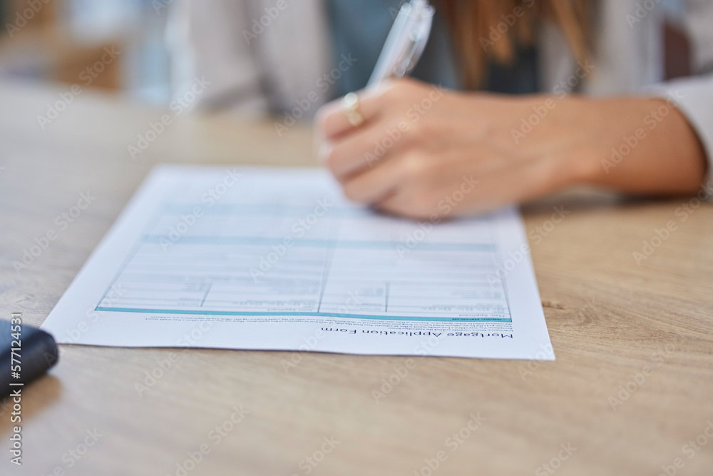 Mortgage application, signature and woman hands for loan agreement, contract and legal documents on desk. Information, sign and person with paperwork for real estate law, compliance and policy rules Mortgage application, signature and woman hands for loan agreement, contract and legal documents on desk. Information, sign and person with paperwork for real estate law, compliance and policy rules
