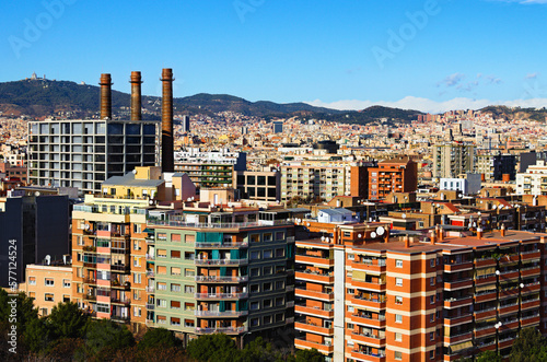 Photography Aerial landscape view of colorful residential buildings in downtown of Barcelona