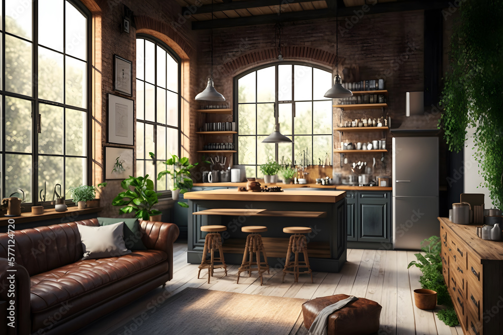 A Majestic, Beautiful, Comfortable, Cozy Kitchen interior, loft style, with big windows, AI Generative