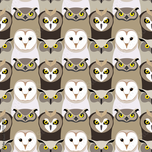 Owl birds are white and gray with yellow eyes. Animal seamless pattern, print, background. Vector illustration