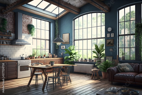 A Majestic  Beautiful  Comfortable  Cozy Kitchen interior  loft style  with big windows  AI Generative