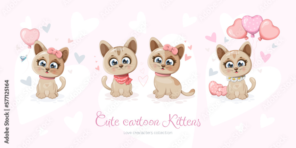 Cute cartoon kitten collection with hearts and balloons
