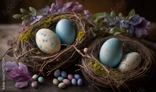 Nests filled with Easter eggs, pastel eggs, spring flowers, floral decoration, wooden table, romantic Easter flair. Generative AIl