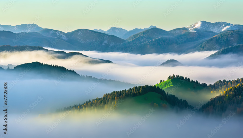 Spring mood of  a mountain landscape view, mist, fog mood, sky, sunrise, sunset, green meadow and trees, forest. Beautiful setting. Generative AI.